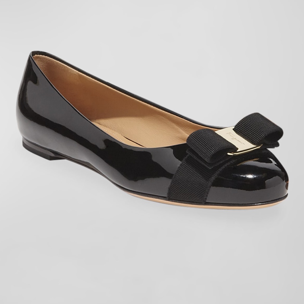 Ferragamo Varina Patent Leather Bow Ballerina Flats